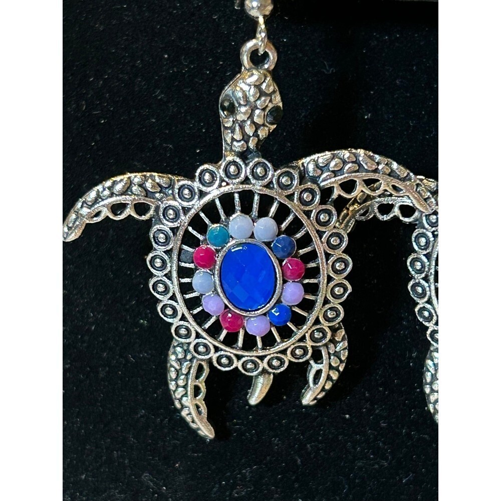 Silver Tone Turtle Earrings - Picture 2 of 5